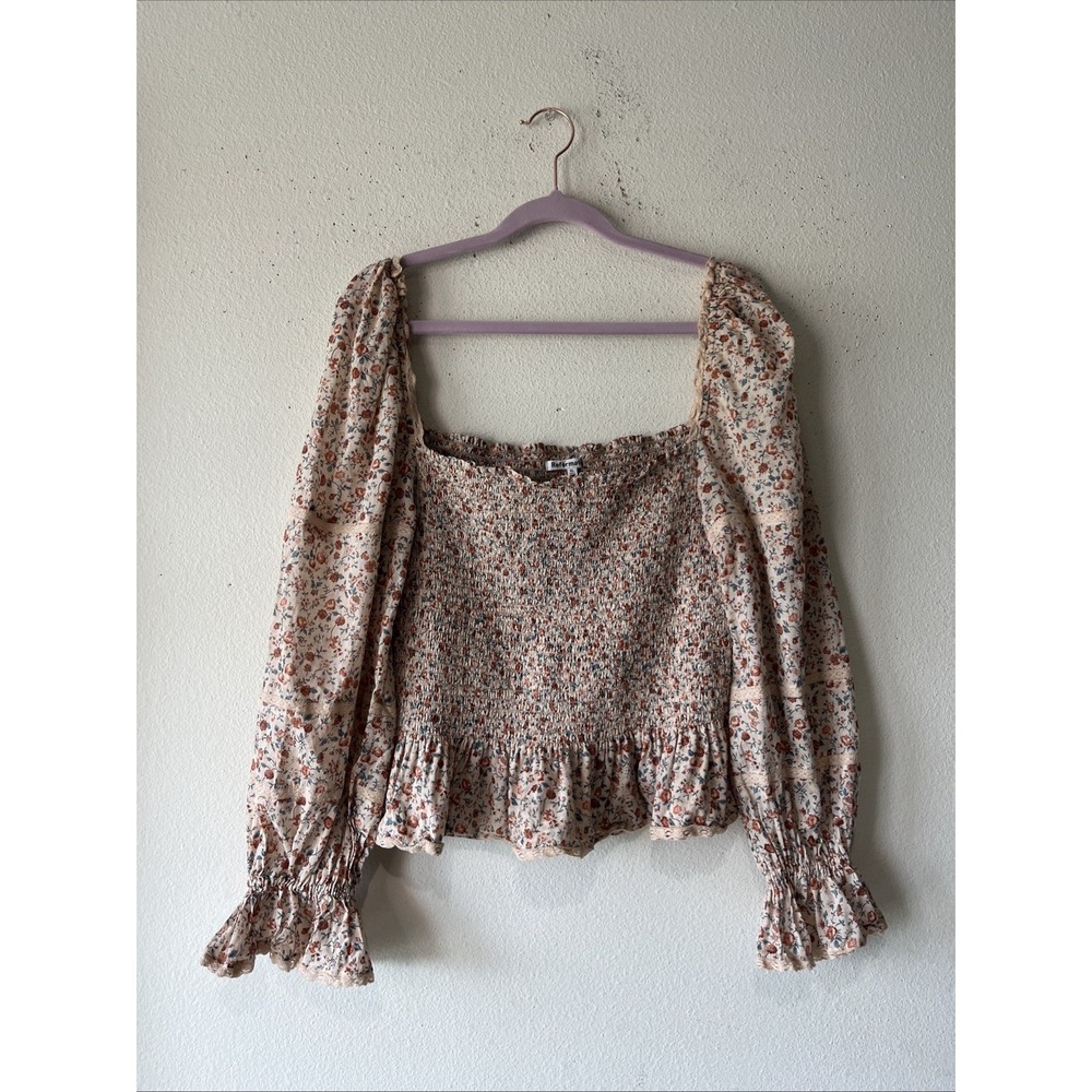 Reformation Boho Floral Smocked Cotton Long Sleeve Blouse Crop Top XL Preppy